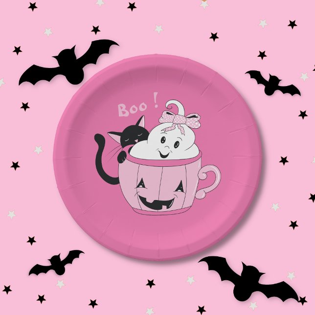Spooky Cute Pink Halloween Paper Plate - Ghost Cat (Spooky cute ghost and black cat pink Halloween round paper plate .)