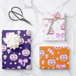 Spooky Cute Pink Pumpkins Halloween Wrapping Paper Sheets
