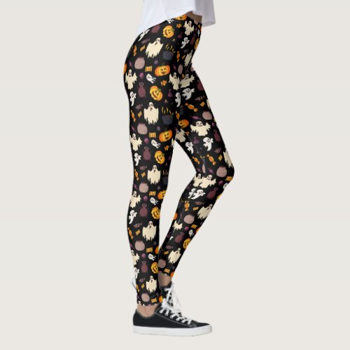 Spooky Cute Pumpkin Ghost Bat Pattern Halloween Leggings