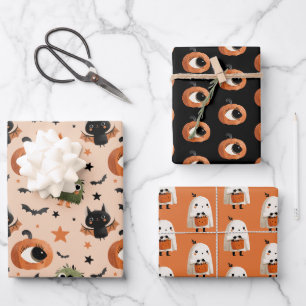 Spooky Cute Pumpkin Ghost Bat Pattern Halloween Wrapping Paper Sheets