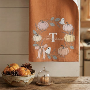 Spooky Cute Pumpkin Ghost Fall Monogram Hand Towel
