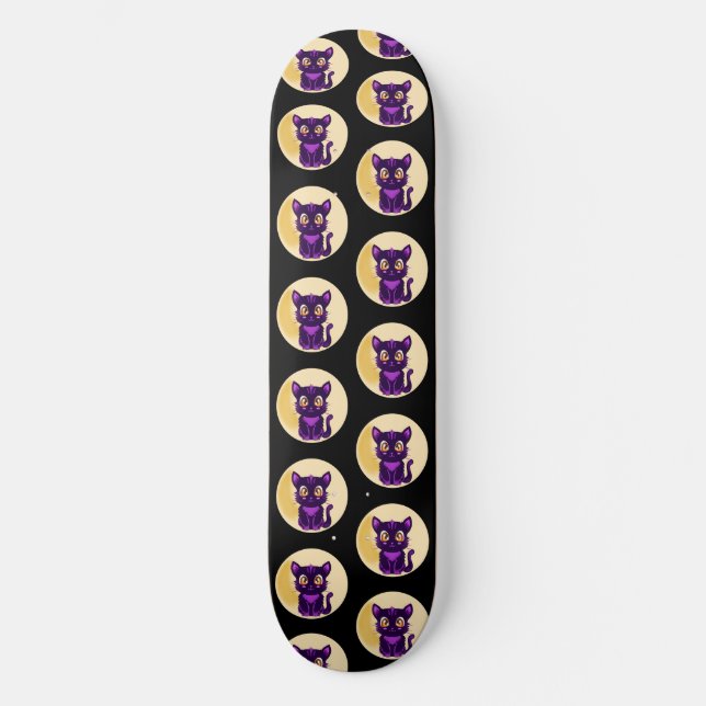 Spooky Cute Purple Cartoon Cat Skateboard (Front)