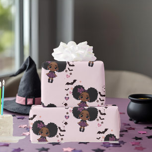 Spooky cute purple girl afro-puff pattern wrapping paper