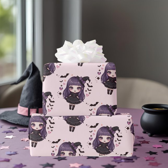 Spooky cute purple pink witchy girl pattern wrapping paper (Spooky cute purple pink witchy girl pattern wrapping paper)