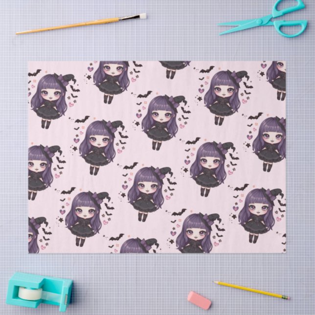 Spooky cute purple witchy girl pattern tissue paper (Craft)
