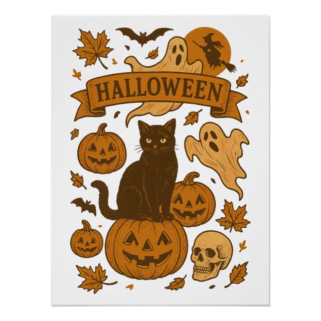 Spooky Cute Retro Halloween Black Cat Pumpkin Poster (Front)