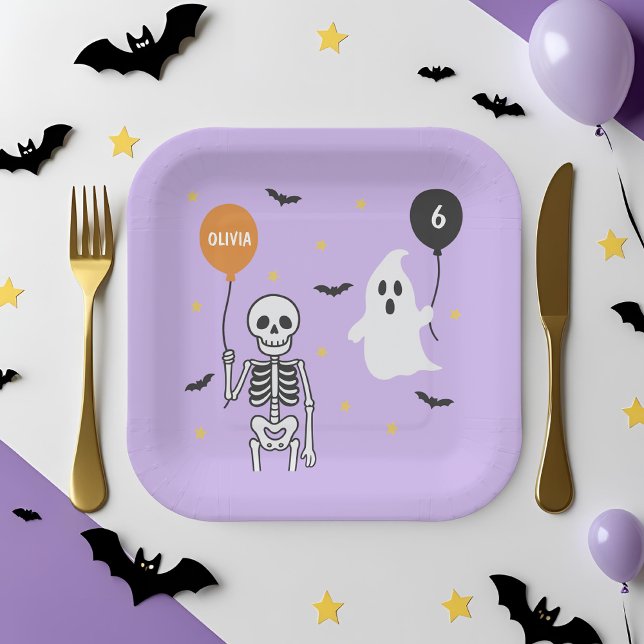 Spooky Cute Skeleton & Ghost Halloween Birthday  Paper Plates (Creator Uploaded)