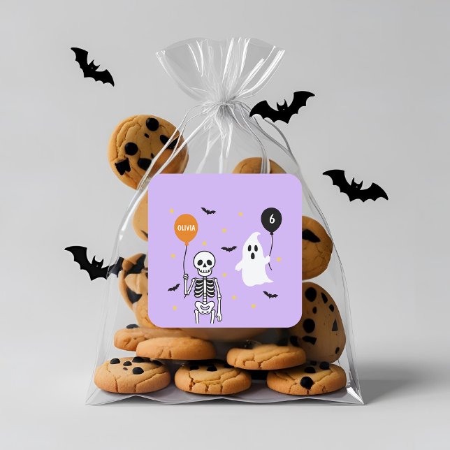 Spooky Cute Skeleton & Ghost Halloween Birthday  Square Sticker (Creator Uploaded)