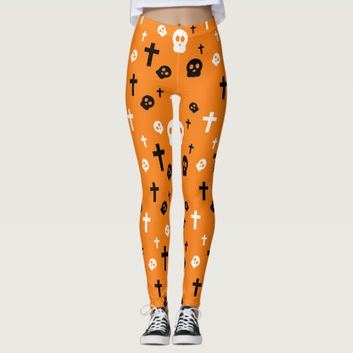 Spooky Cute Skull Cross Orange Halloween Costume Leggings