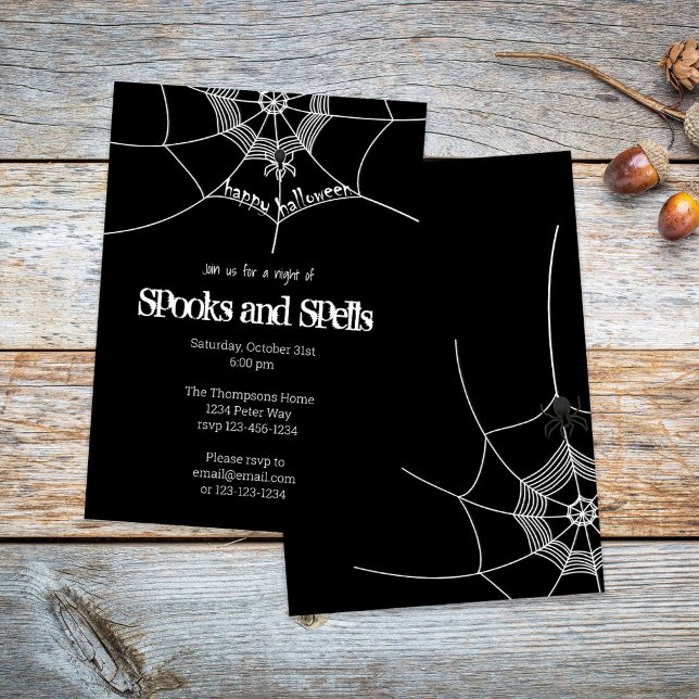 Spooky Cute Spider Web Halloween Party Custom Invitation (Halloween Spooks and Spells custom invitation.)