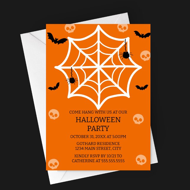 Spooky-Cute Spider Web Halloween Party Invitation (Cute Spooky Spider Web Halloween Party Invitation with skulls, bats, spiders)