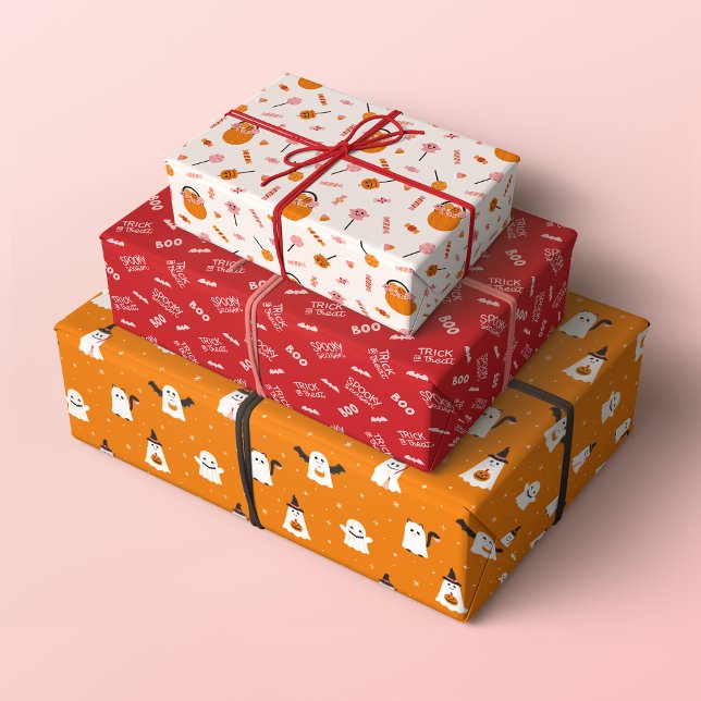 Spooky Cute Trick or Treat Halloween Patterns Wrapping Paper Sheets (Set of 3 Trick or Treat Halloween Patterns in Orange, Red and Pastel Pink)