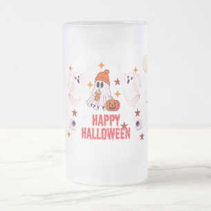 Spooky Cute Witch, Bat & Bloody Handprint Design Frosted Glass Beer Mug