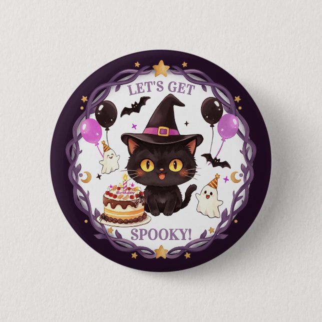 Spooky Cute Witch Black Cat Wizard Fantasy Party Button (Front)
