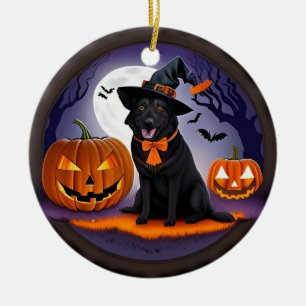 🧙‍♀️🐶 Spooky Cute Witch Dog & Pumpkin Night ✨🎃 Ceramic Ornament