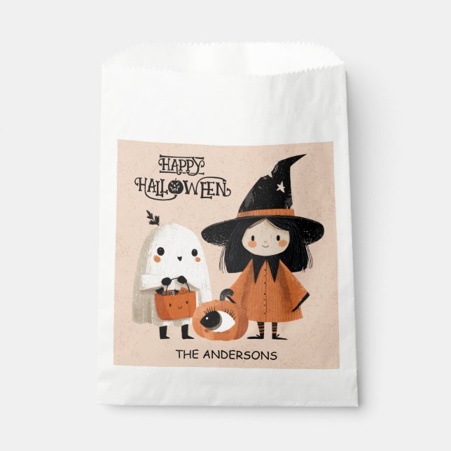 Spooky Cute Witch& Ghost Watercolor Halloween Favor Bag (Front)