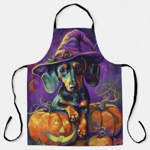 Spooky Dachshund Dog Halloween Witch And Pumpkin Apron
