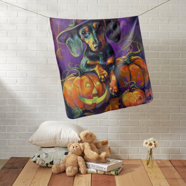 Spooky Dachshund Dog Halloween Witch And Pumpkin  Baby Blanket (In Situ)