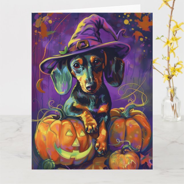 Spooky Dachshund Dog Halloween Witch And Pumpkin  Card (Yellow Flower)