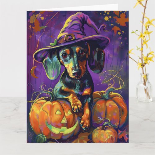 Spooky Dachshund Dog Halloween Witch And Pumpkin  Card