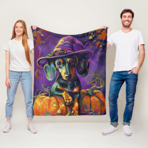 Spooky Dachshund Dog Halloween Witch And Pumpkin Fleece Blanket