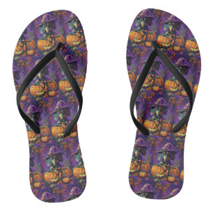 Spooky Dachshund Dog Halloween Witch And Pumpkin Flip Flops