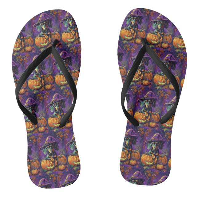 Spooky Dachshund Dog Halloween Witch And Pumpkin  Flip Flops (Footbed)