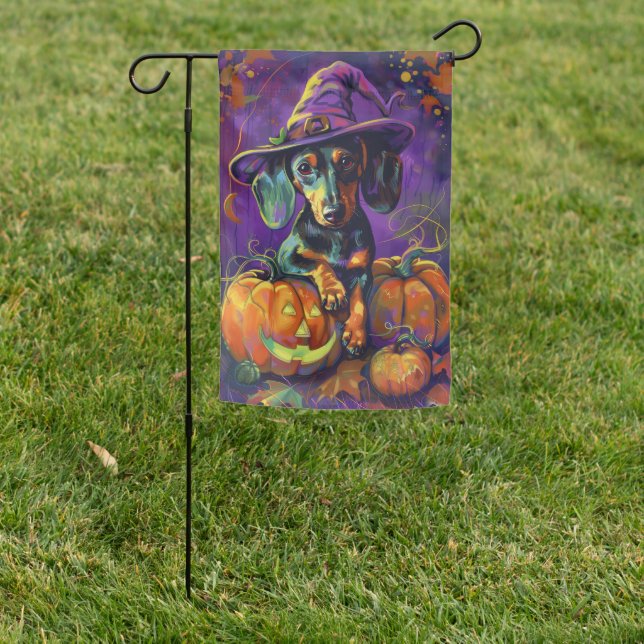 Spooky Dachshund Dog Halloween Witch And Pumpkin  Garden Flag (In SItu)