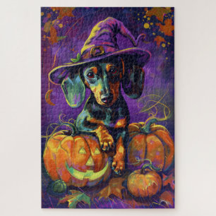 Spooky Dachshund Dog Halloween Witch And Pumpkin Jigsaw Puzzle