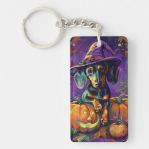 Spooky Dachshund Dog Halloween Witch And Pumpkin Keychain