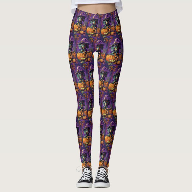 Spooky Dachshund Dog Halloween Witch And Pumpkin  Leggings (Front)