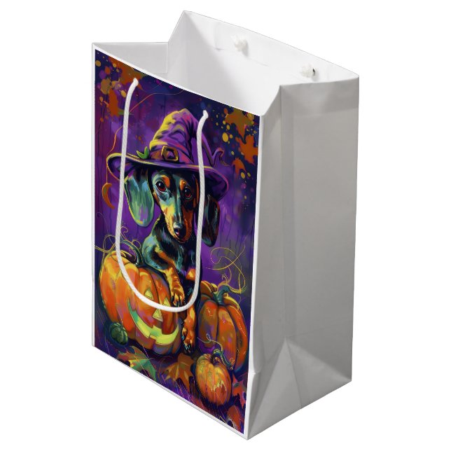 Spooky Dachshund Dog Halloween Witch And Pumpkin  Medium Gift Bag (Front Angled)