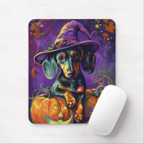 Spooky Dachshund Dog Halloween Witch And Pumpkin  Mouse Pad