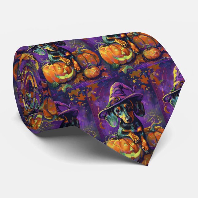 Spooky Dachshund Dog Halloween Witch And Pumpkin  Neck Tie (Rolled)