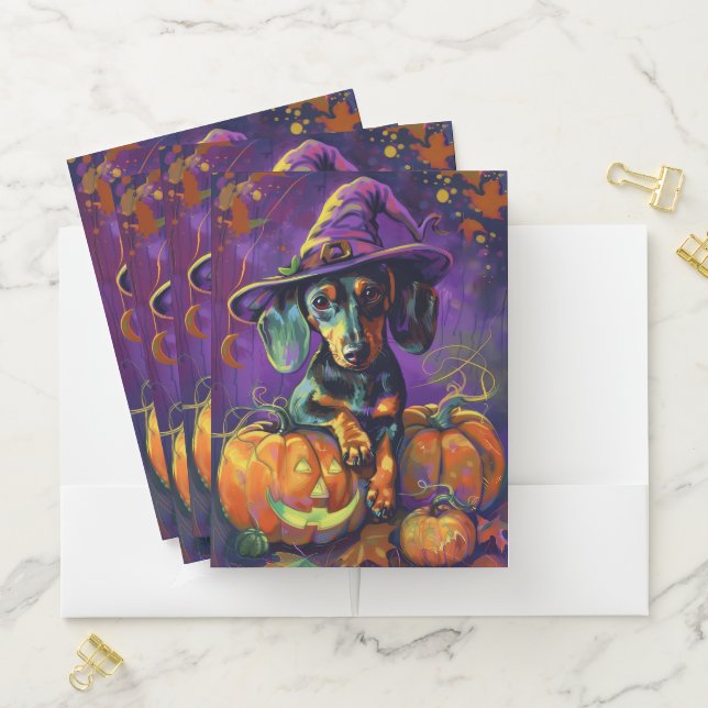 Spooky Dachshund Dog Halloween Witch And Pumpkin  Pocket Folder (In Situ)