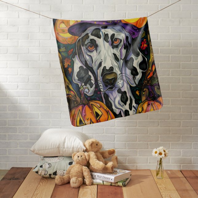 Spooky Dalmatian Dog Halloween Witch And Pumpkin Baby Blanket (In Situ)