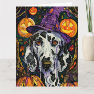 Spooky Dalmatian Dog Halloween Witch And Pumpkin Card