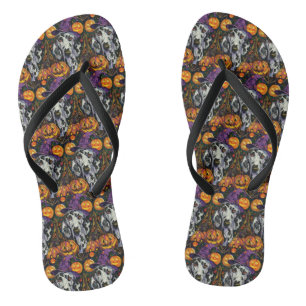 Spooky Dalmatian Dog Halloween Witch And Pumpkin Flip Flops