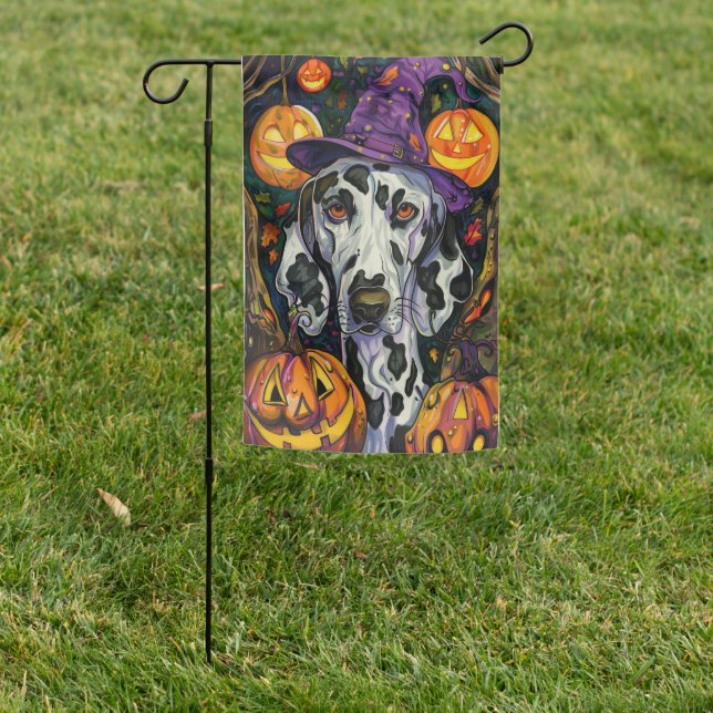 Spooky Dalmatian Dog Halloween Witch And Pumpkin Garden Flag (In SItu)