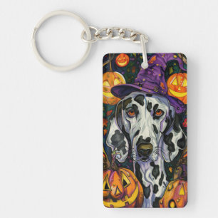 Spooky Dalmatian Dog Halloween Witch And Pumpkin Keychain