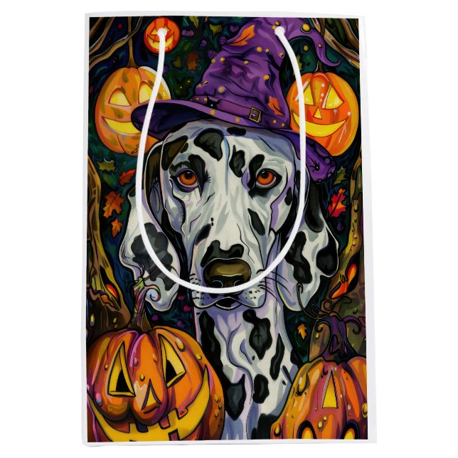 Spooky Dalmatian Dog Halloween Witch And Pumpkin Medium Gift Bag (Front)