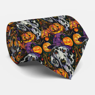Spooky Dalmatian Dog Halloween Witch And Pumpkin Neck Tie