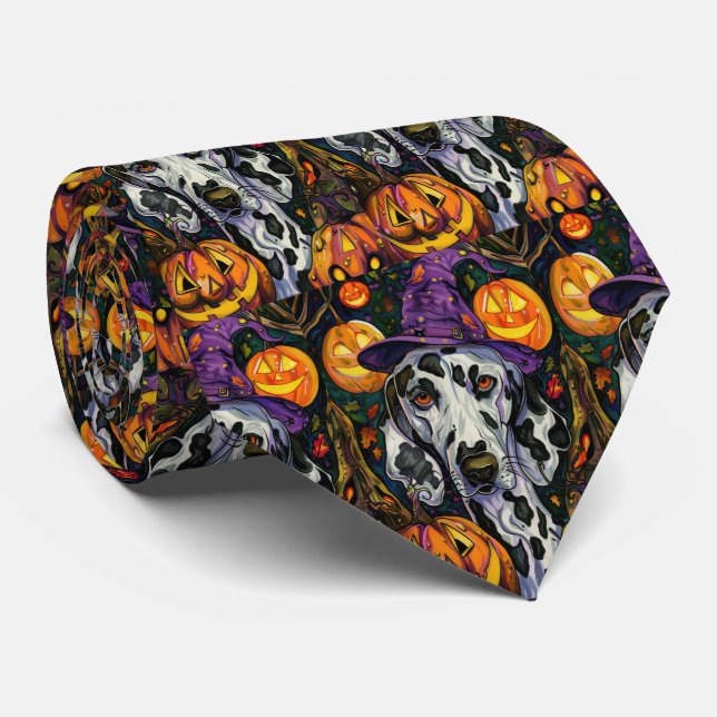 Spooky Dalmatian Dog Halloween Witch And Pumpkin Neck Tie (Rolled)