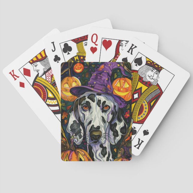 Spooky Dalmatian Dog Halloween Witch And Pumpkin Poker Cards (Back)