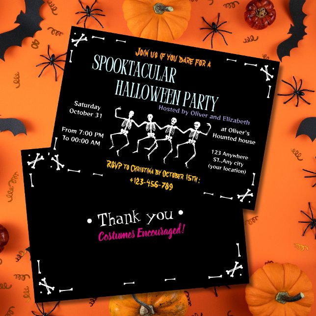 Spooky Dancing Skeleton Black Halloween Party Invitation (Creator Uploaded)