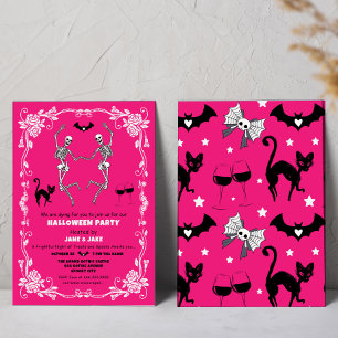 Spooky Dancing Skeletons Hot Pink Halloween Party Invitation