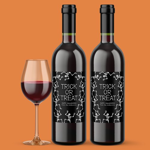 Spooky Dancing Skeletons Trick or Treat Halloween Wine Label