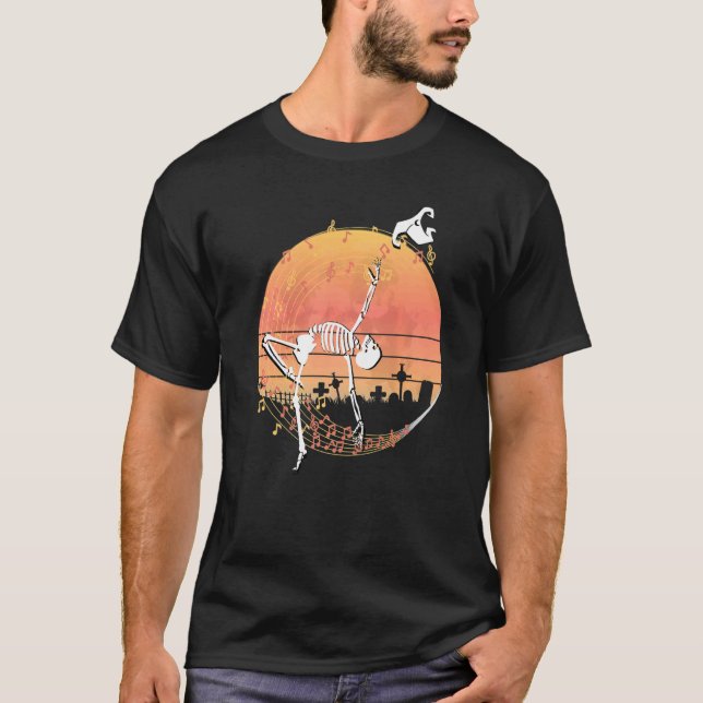 Spooky Dancing Witch Skeleton in a Graveyard T-Shirt (Front)