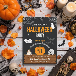 Spooky Dark Spider Web Ghosts Bats Halloween Party Invitation