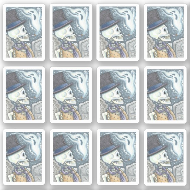 SPOOKY DEAD MAN SKULL SMOKING GHOST IN CEMETERY STICKER (Front)